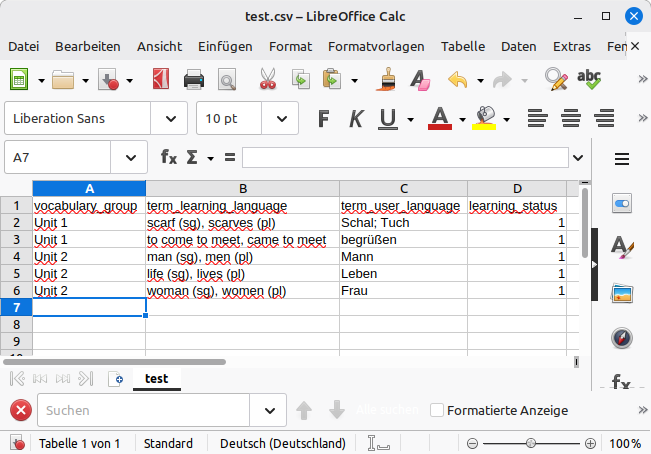Beispiel einer tabellarischen Vokabelliste am PC