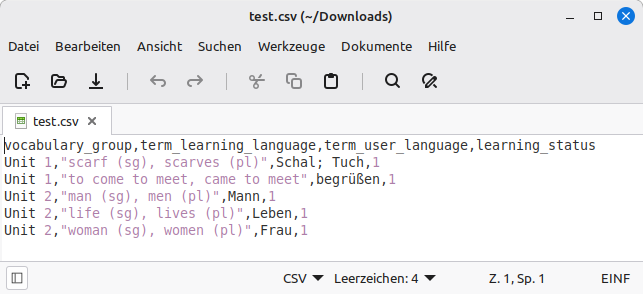 Beispiel einer CSV-Datei für den Import